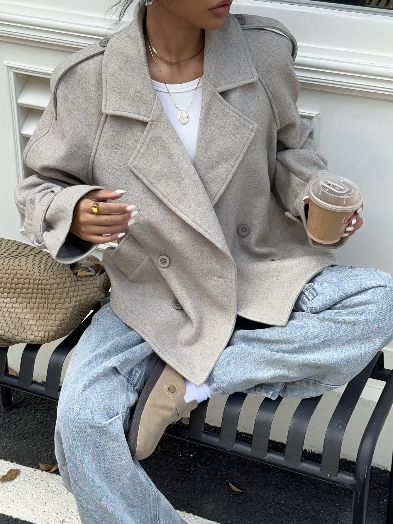 Damen Kurzmantel Jacke Doppelreiher Graubeige Kragen