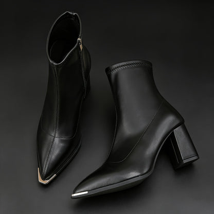Damen Stiefeletten Spick Zehen Blockabsatz Braun Schwarz
