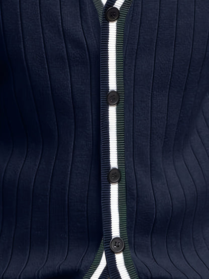 Herren Strickjacke Marineblau V-Ausschnitt mit Streifen