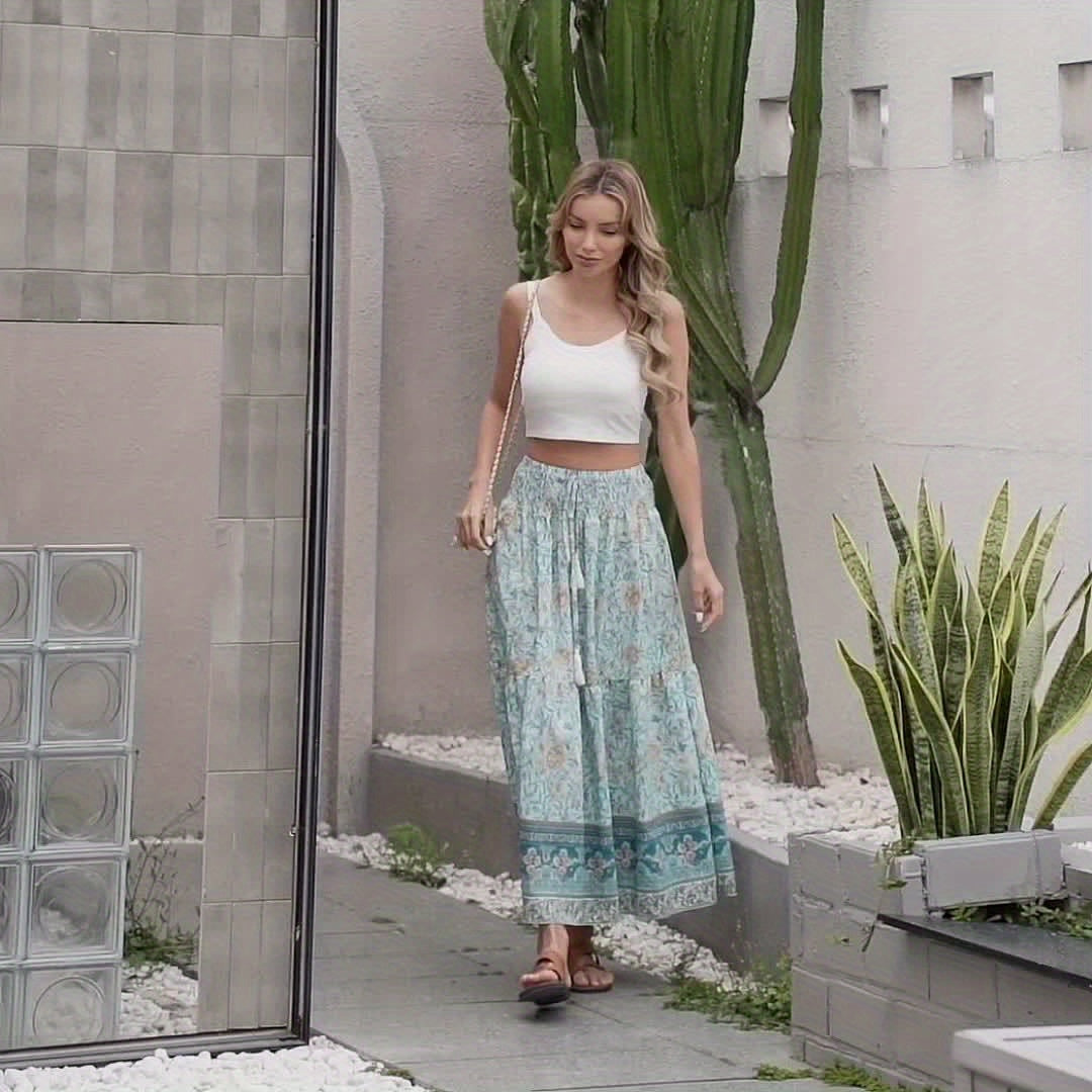 Damen Boho Maxirock mit Blumenmuster und elastischem Bund – Sommer Freizeitrock, Vintage Stil