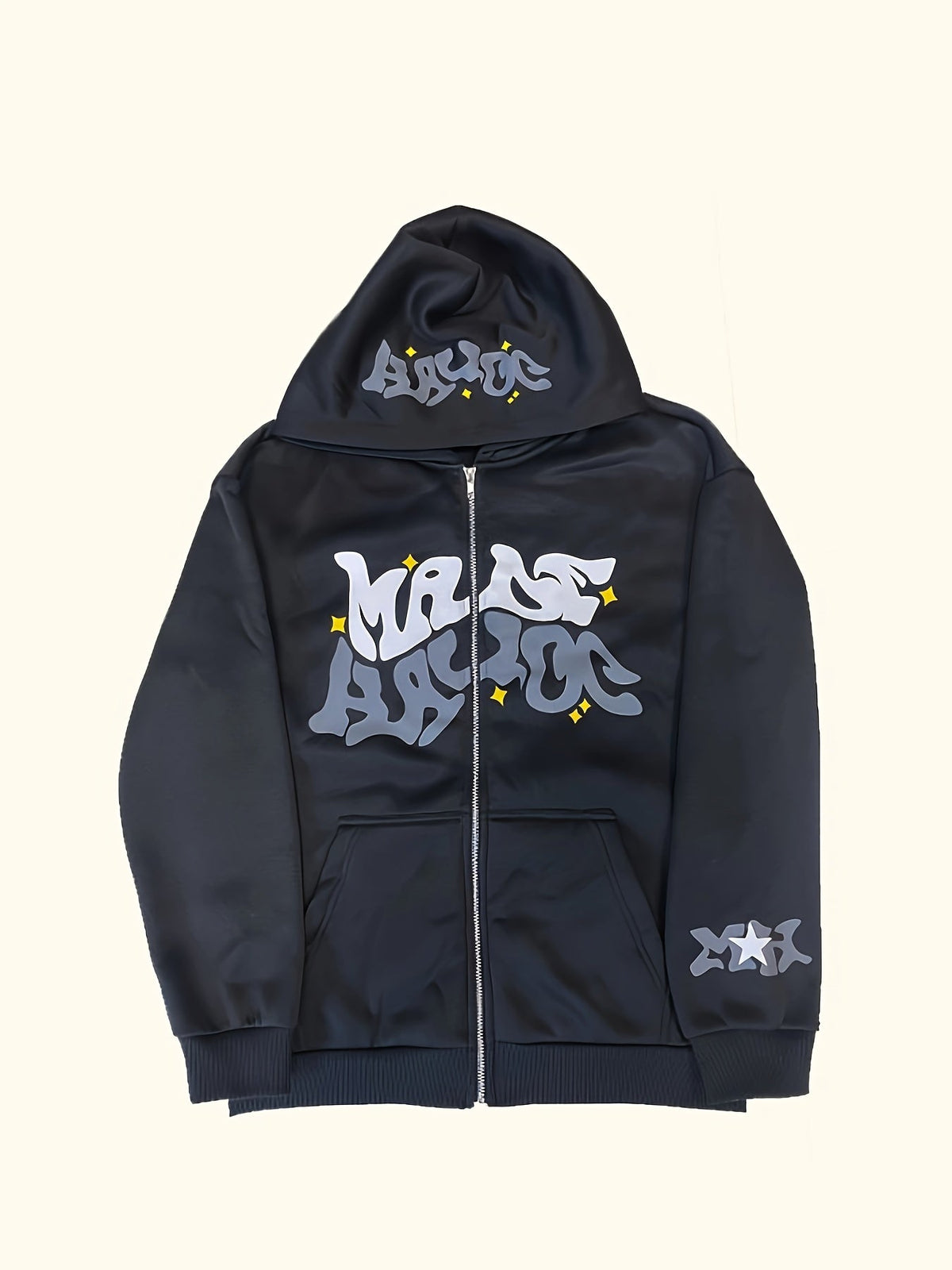 Unisex Kapuzenjacke mit Reißverschluss, Schwarz, auffälligem Schriftzug & Sternen-Motiv