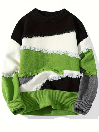 Unisex Langarm Pullover mit Rundhalsausschnitt und Fransen-Patchwork