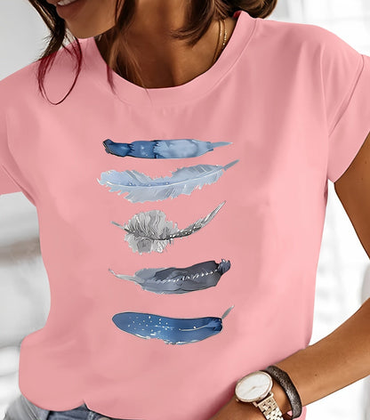 Damen T-Shirt mit künstlerischem Feder-Print, lässig, für Alltag und Freizeit