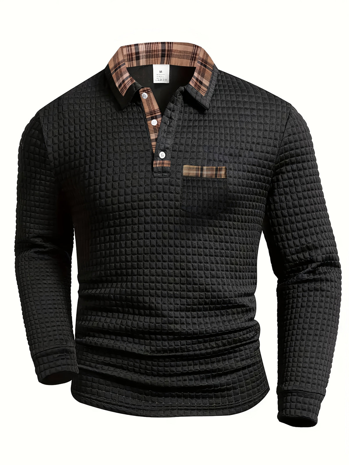 Herren Langarmshirt Waffelstruktur Karierter Kragen Grün