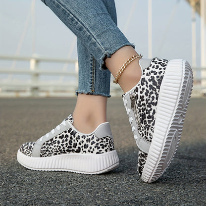 Damen Plateausneaker mit Leopardenmuster und Reißverschluss – Modische Freizeitschuhe für Alltag und Streetstyle