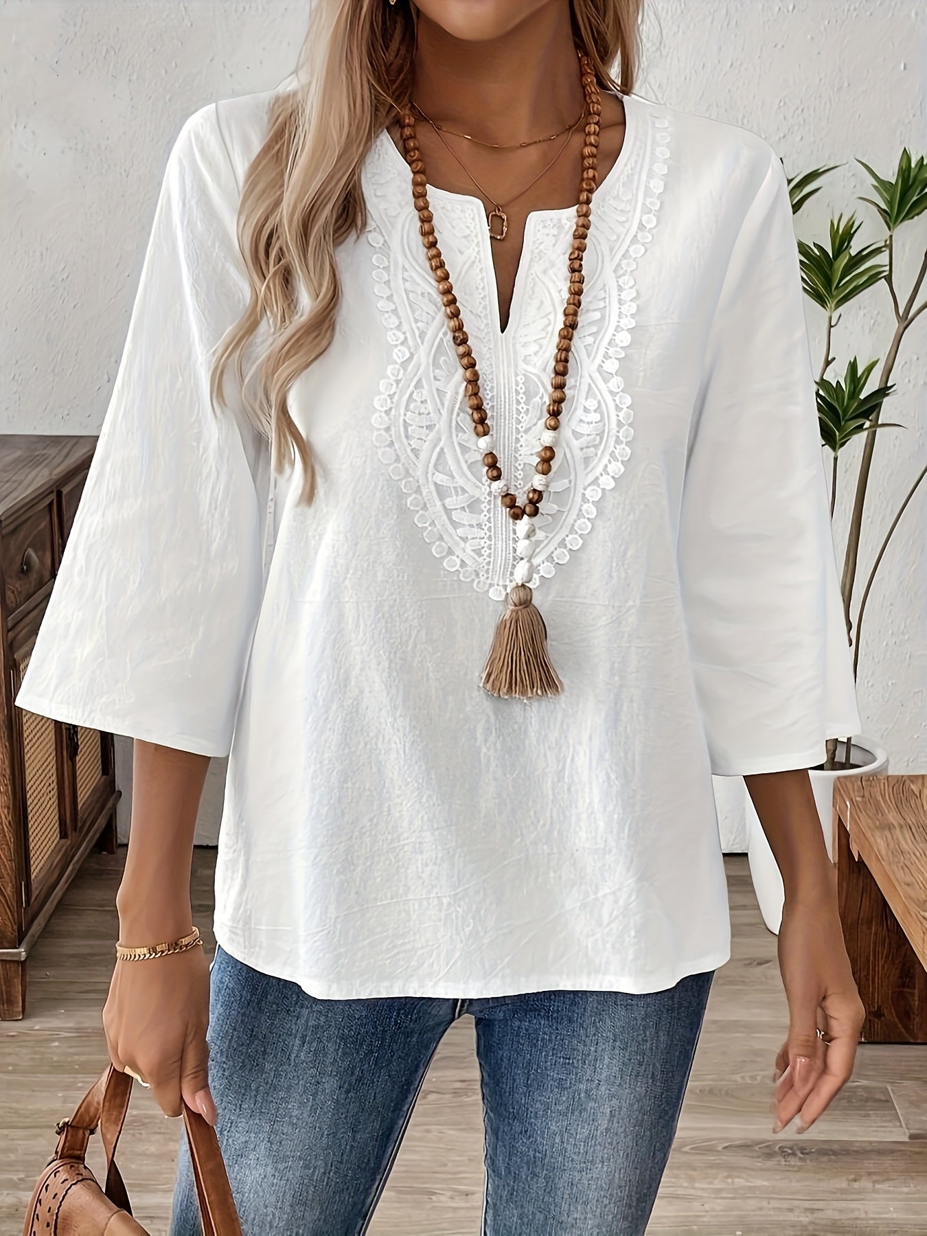 Damen Boho-Bluse mit Spitze und Stickerei – Elegante Freizeitmode für jeden Tag
