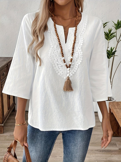 Damen Boho-Bluse mit Spitze und Stickerei – Elegante Freizeitmode für jeden Tag