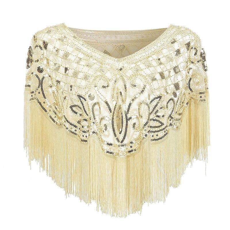 Damen Pailletten Stola Cape Schal mit Fransen für Abendgarderobe in Champagner