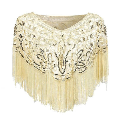 Damen Pailletten Stola Cape Schal mit Fransen für Abendgarderobe in Champagner