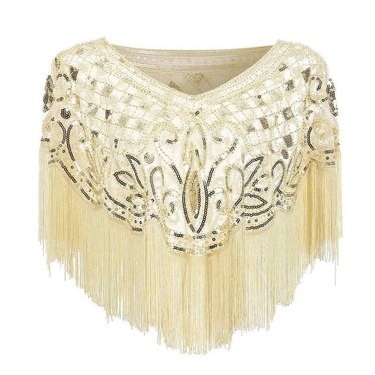 Damen Pailletten Stola Cape Schal mit Fransen für Abendgarderobe in Champagner