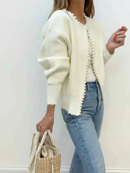Weißer Damen Cardigan mit Perlenbesatz, offene Strickjacke