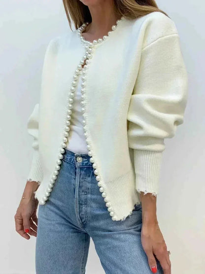 Weißer Damen Cardigan mit Perlenbesatz, offene Strickjacke