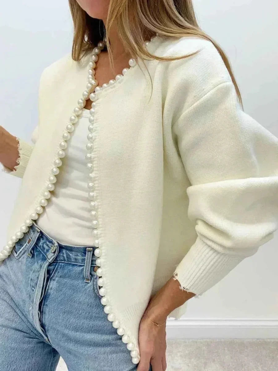 Weißer Damen Cardigan mit Perlenbesatz, offene Strickjacke