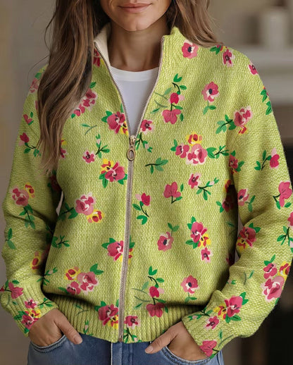 Damen Strickjacke mit Blumenmuster, Reißverschluss und Stehkragen in Hellgrün