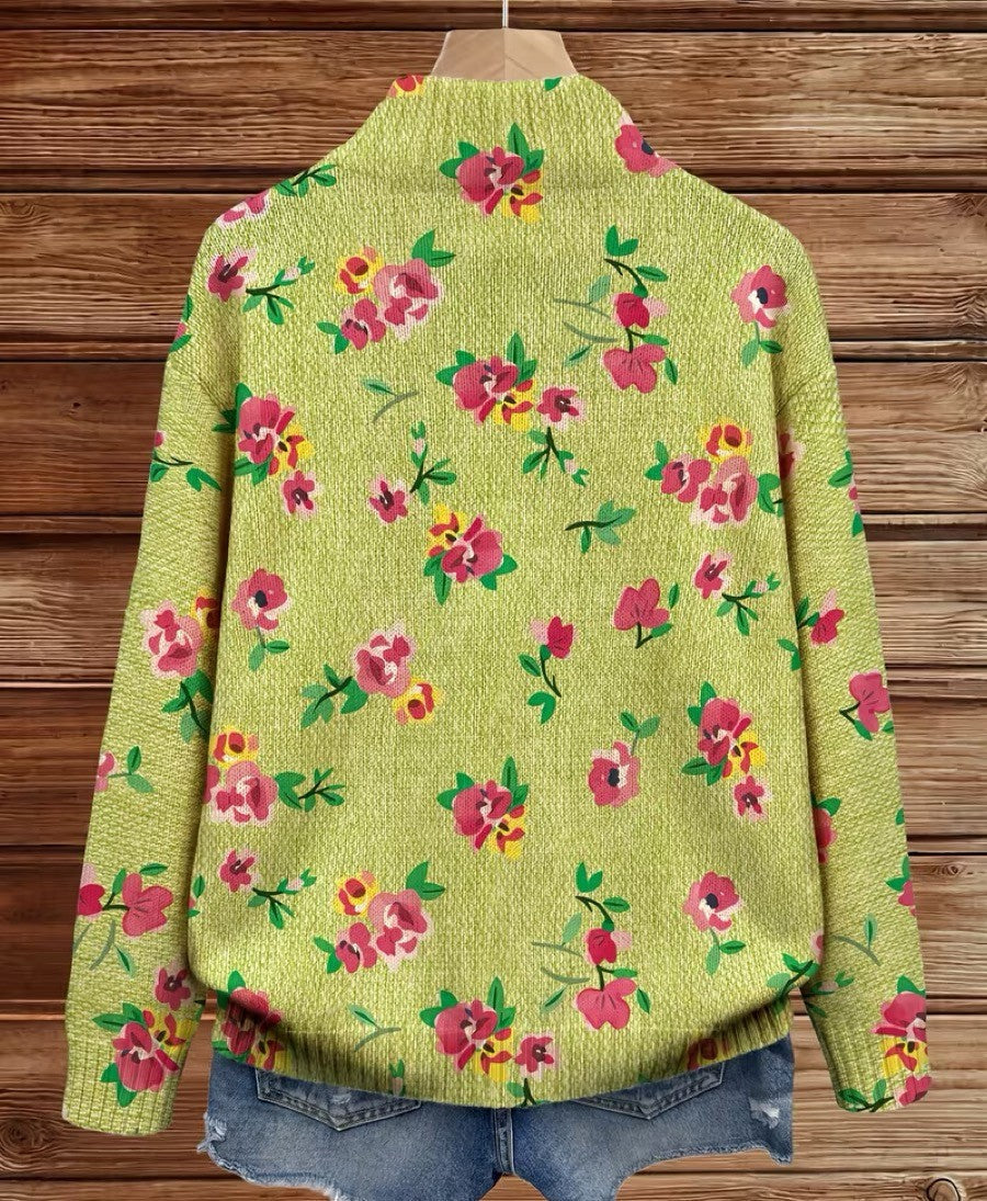 Damen Strickjacke mit Blumenmuster, Reißverschluss und Stehkragen in Hellgrün