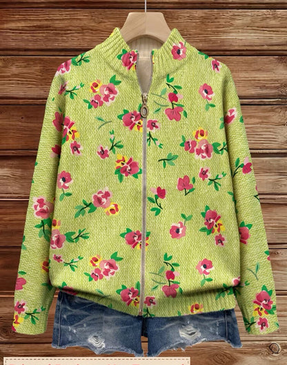 Damen Strickjacke mit Blumenmuster, Reißverschluss und Stehkragen in Hellgrün