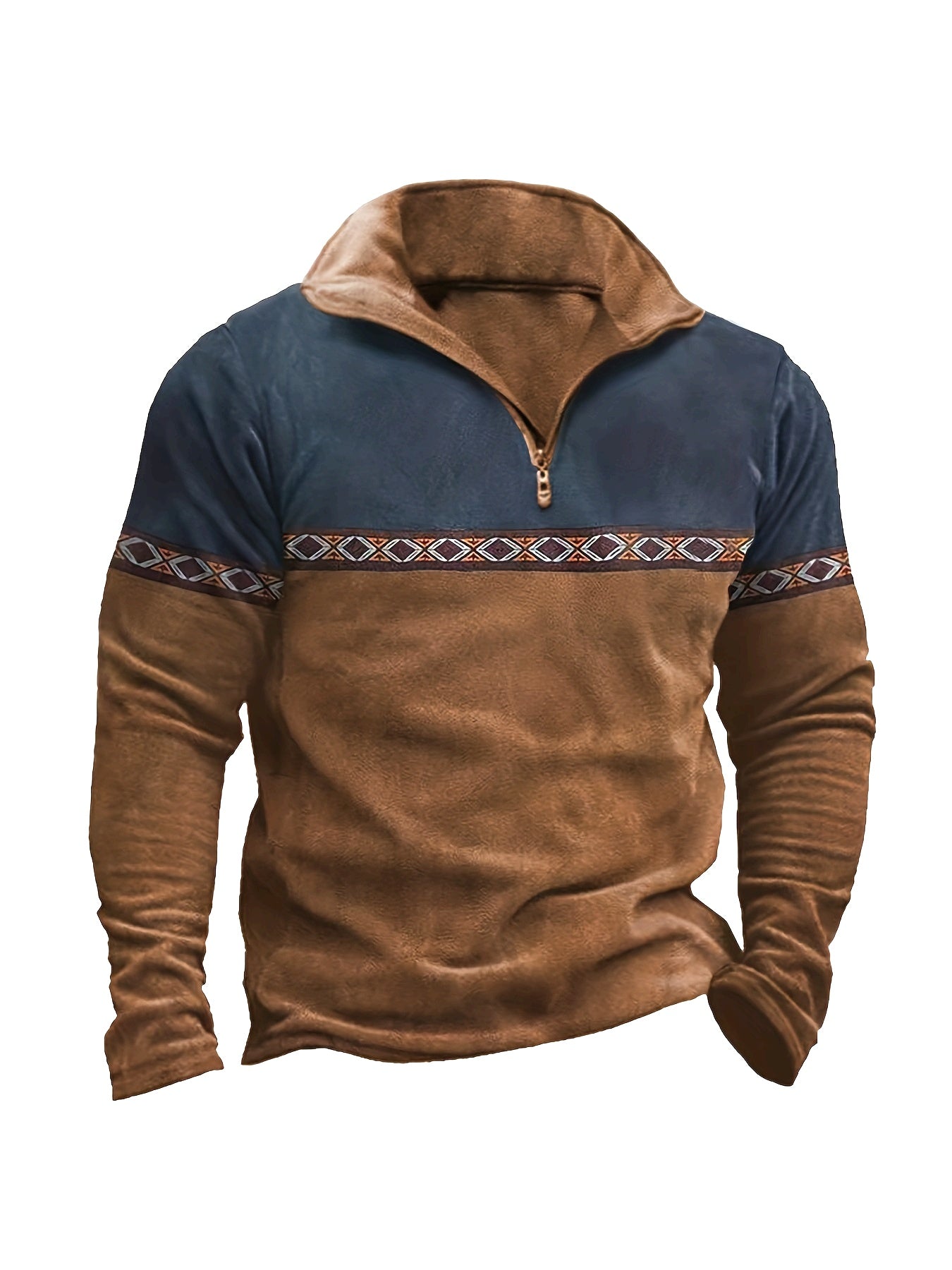 Herren Halb-Reißverschluss Pullover Braun Blau mit Ethno-Muster Stehkragen
