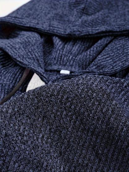 Herren Hoodie Pullover Feinstrick Dunkelblau mit Knopfleiste
