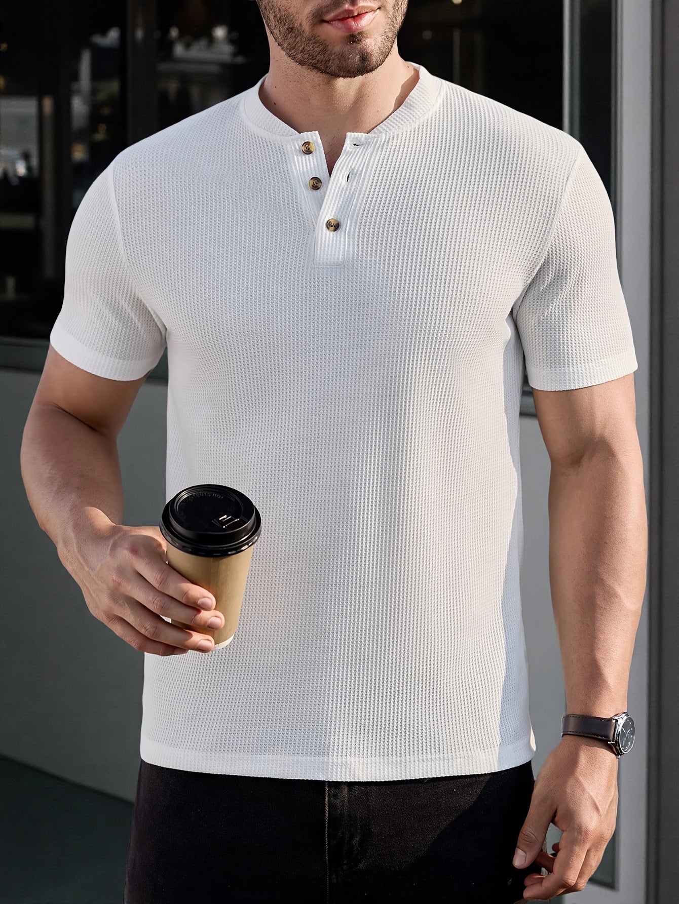 Herren Henley T-Shirt Kurzarm im modernen Strick-Look für Freizeit und Alltag