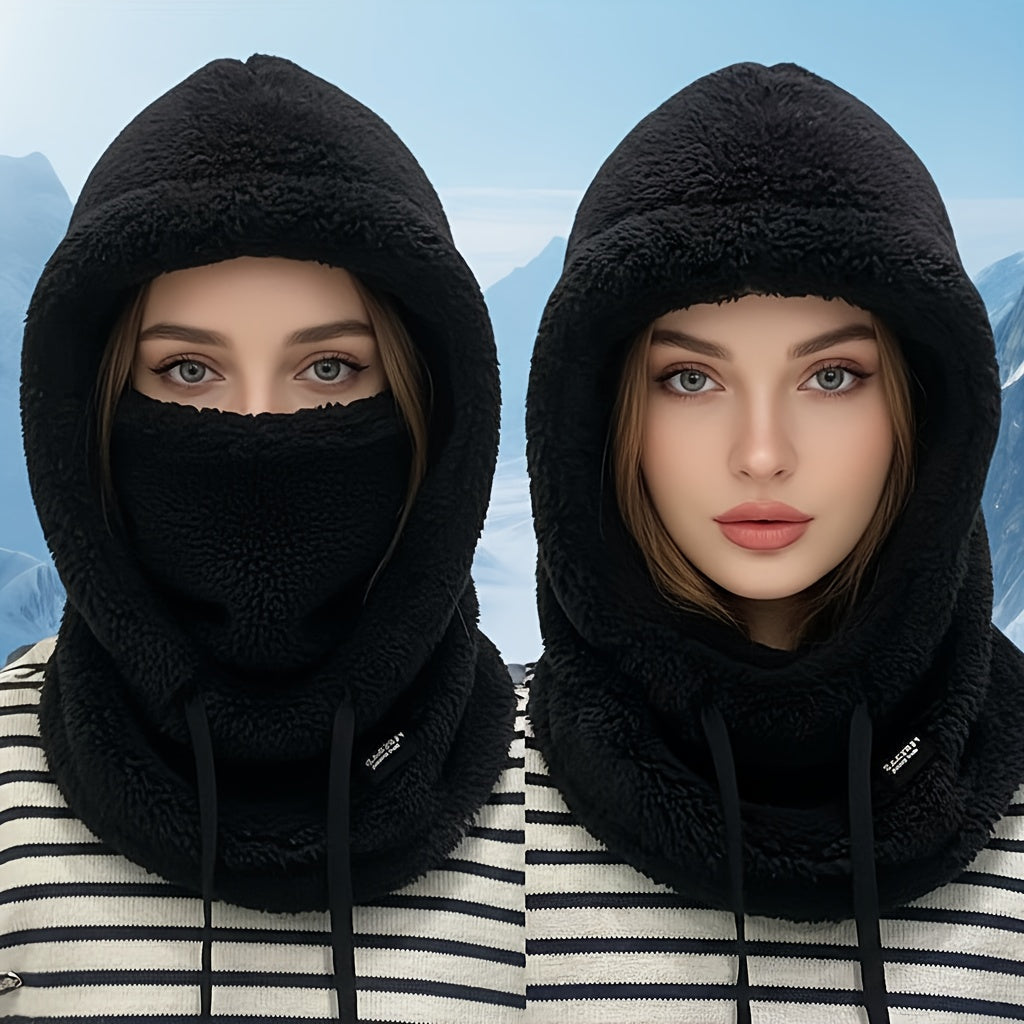 Fleece Kapuzen-Halstuch mit Gesichtsbedeckung und Kordelzug, Winter Schal Mütze Halswärmer Set