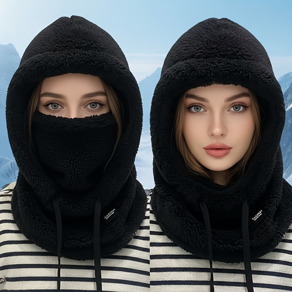 Fleece Kapuzen-Halstuch mit Gesichtsbedeckung und Kordelzug, Winter Schal Mütze Halswärmer Set