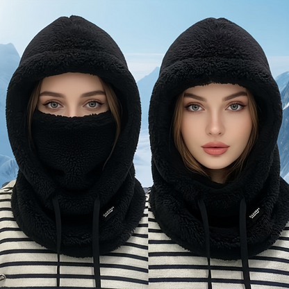 Fleece Kapuzen-Halstuch mit Gesichtsbedeckung und Kordelzug, Winter Schal Mütze Halswärmer Set