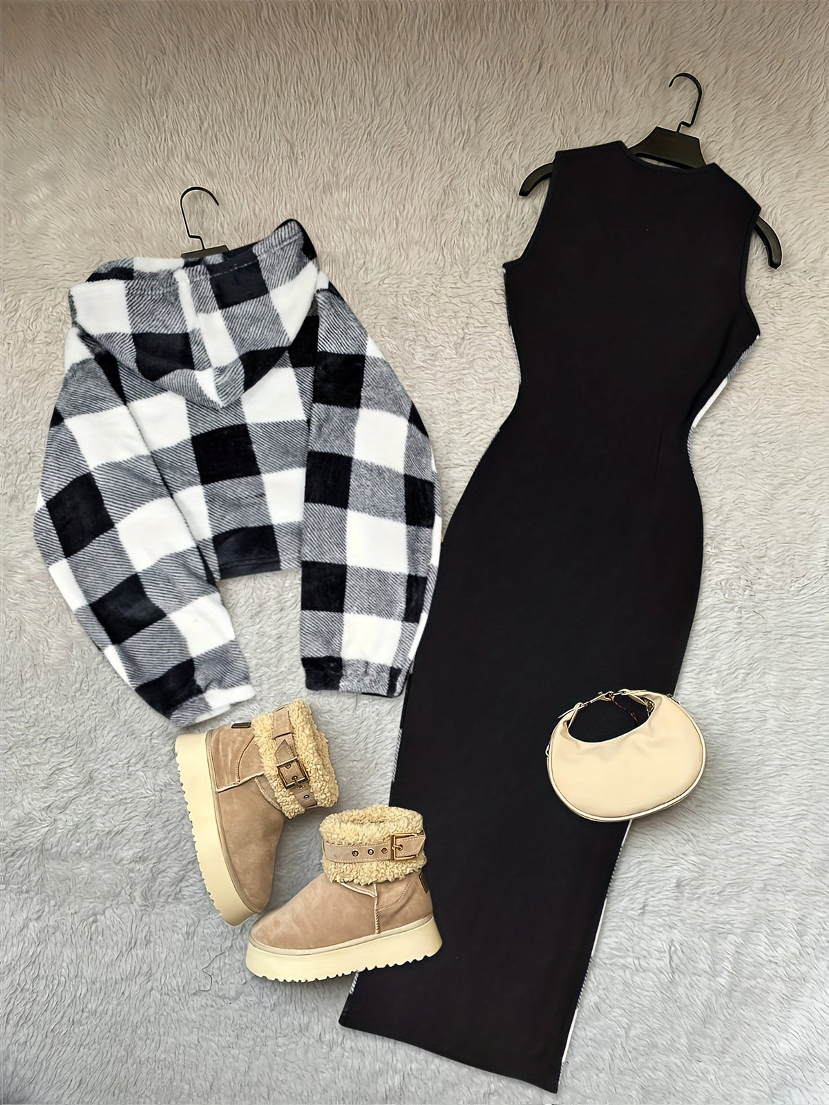 Damen Set Kariert Schwarz-Weiß Crop Hoodie & Ärmelloses Kleid