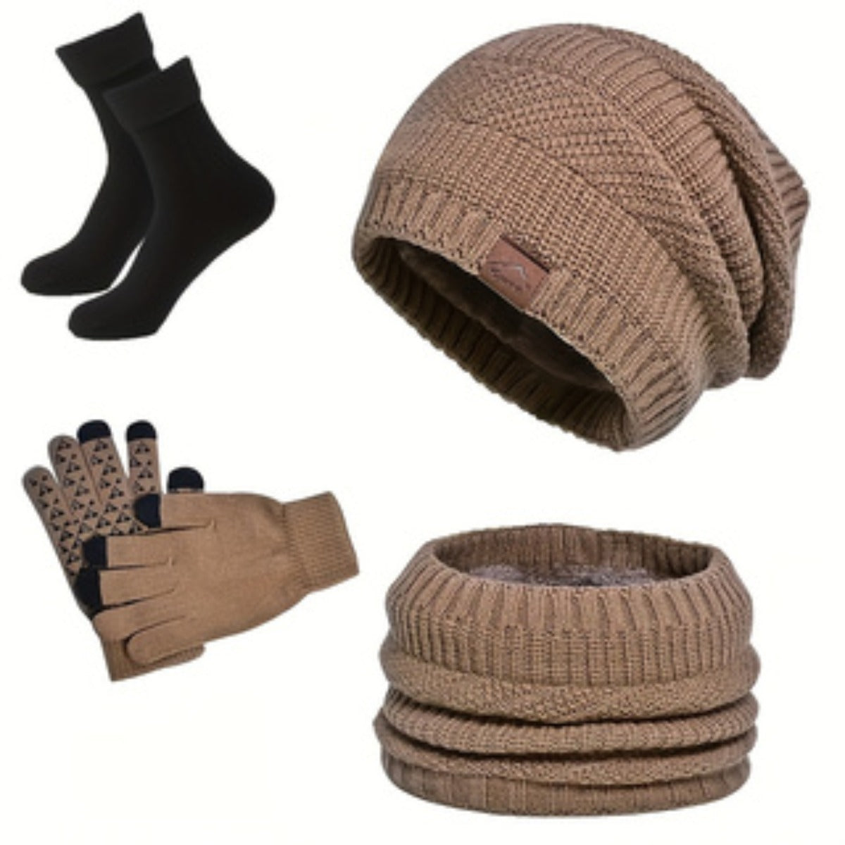 Unisex Winter Set 4-teilig: Strickmütze, Loop-Schal, Touchscreen-Handschuhe & Socken mit Futter