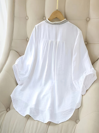 Damen Bluse Elegant Bestickt mit 3/4-Ärmeln für Alltag und Büro