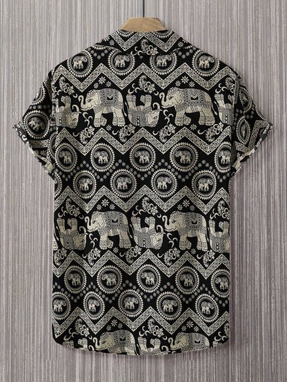 Herren Resorthemd mit Elefanten- und Mandala-Muster, Kurzarm, Boho-Stil für Freizeit und Urlaub