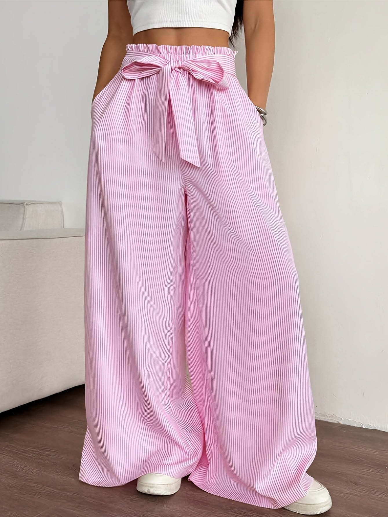 Damen Weite High-Waist Hose mit Schleifenband und Streifen – Elegante Relaxed Fit Freizeithose