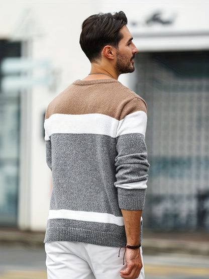 Herren Grobstrick Pullover mit Zopfmuster und Farbblöcken