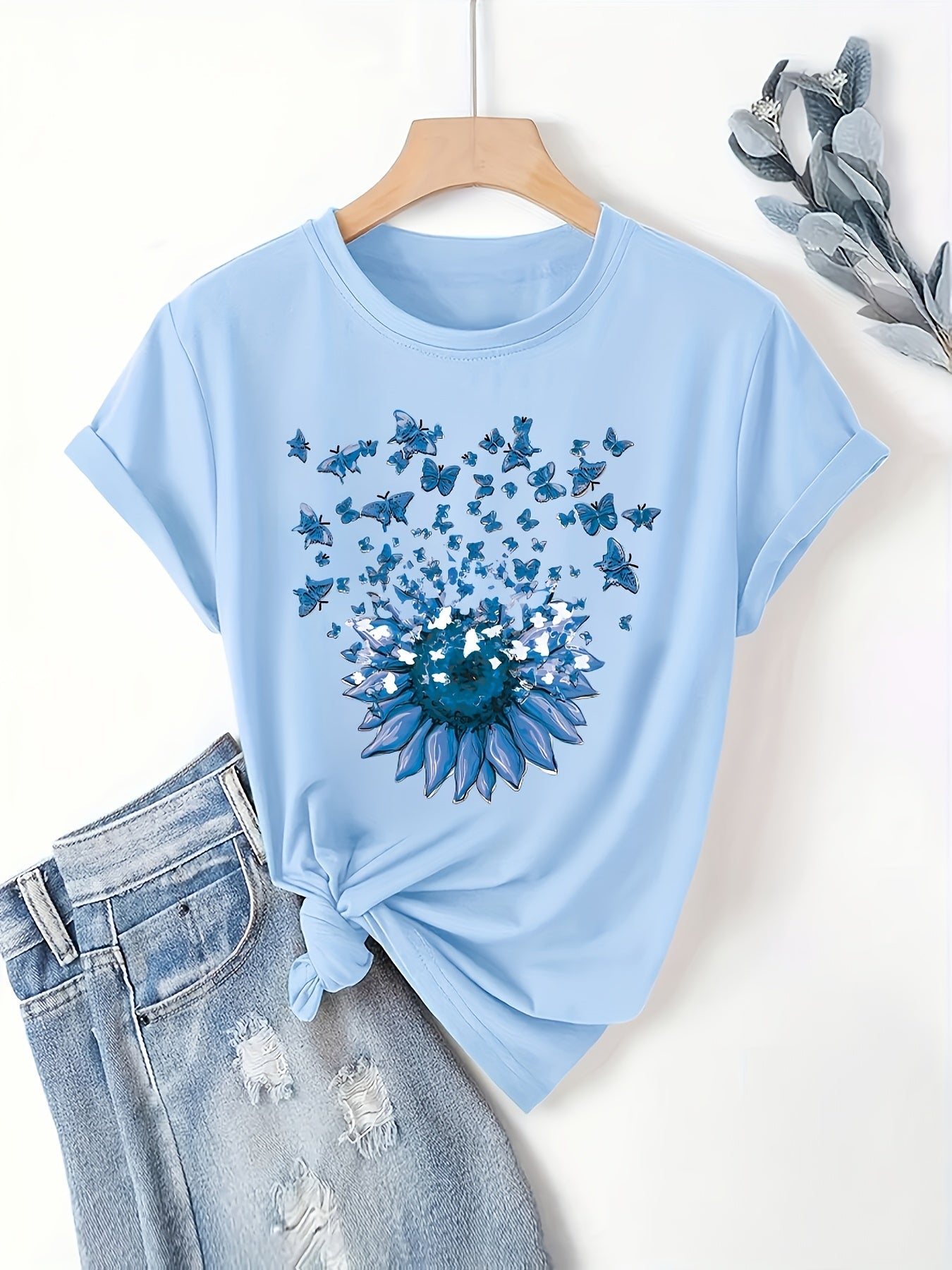 Damen T-Shirt mit Sonnenblume und Schmetterlingen – Casual Sommer Oberteil, Modisches Print-Shirt