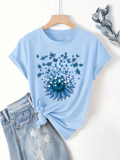 Damen T-Shirt mit Sonnenblume und Schmetterlingen – Casual Sommer Oberteil, Modisches Print-Shirt