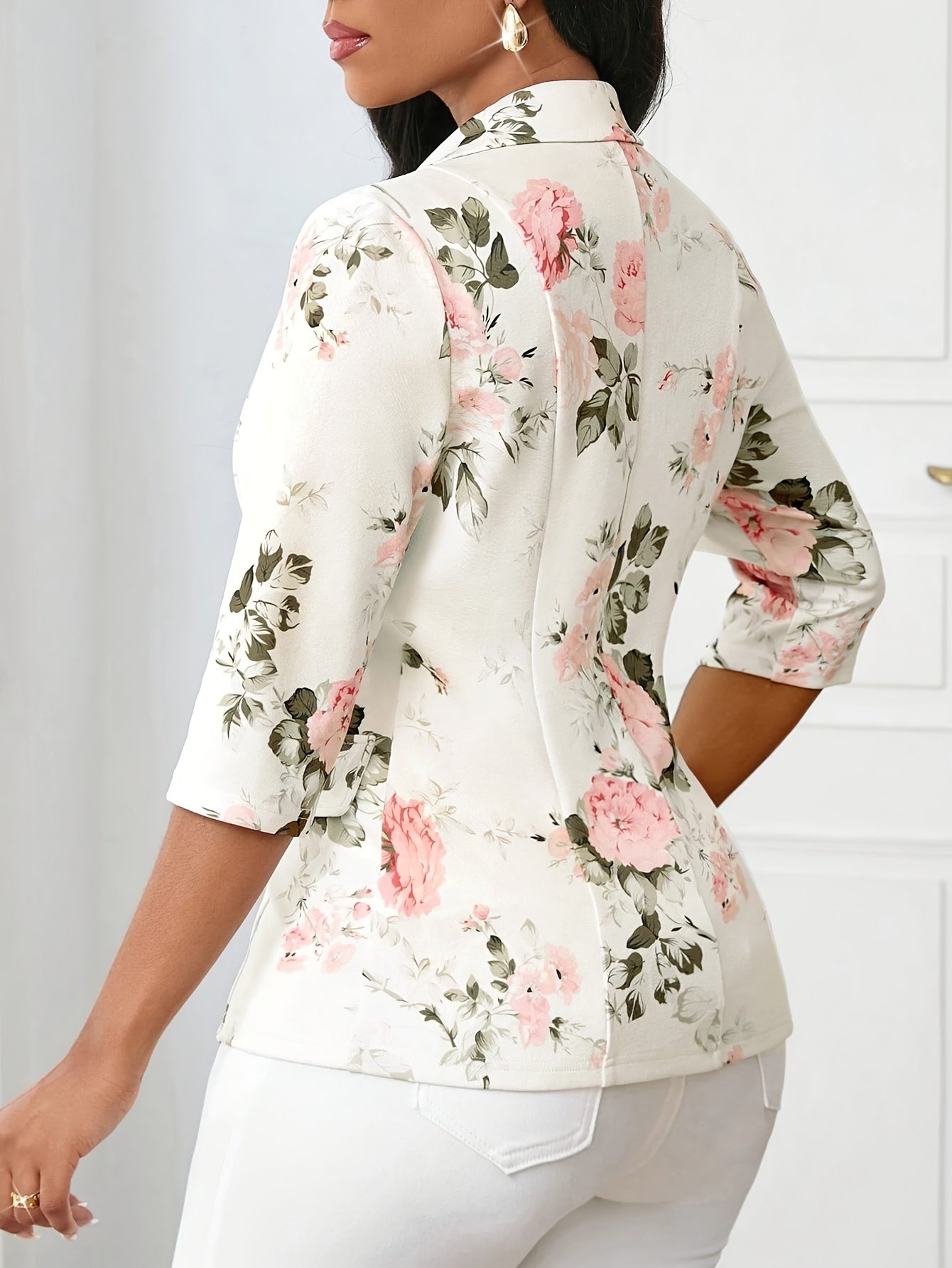 Damen Blazer Elegant mit Blumenmuster und 3/4-Ärmeln – Perfekt für Büro und Alltag