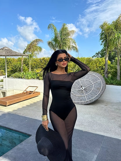 Damen Maxikleid Mesh Strand Cover-Up – Elegantes Figurbetontes Urlaubsoutfit