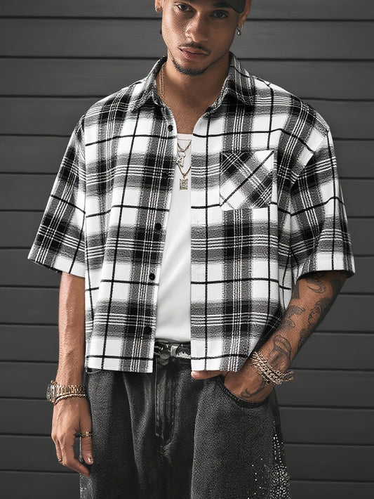 Herren Oversize Karohemd Kurzarm Streetwear Freizeitstil