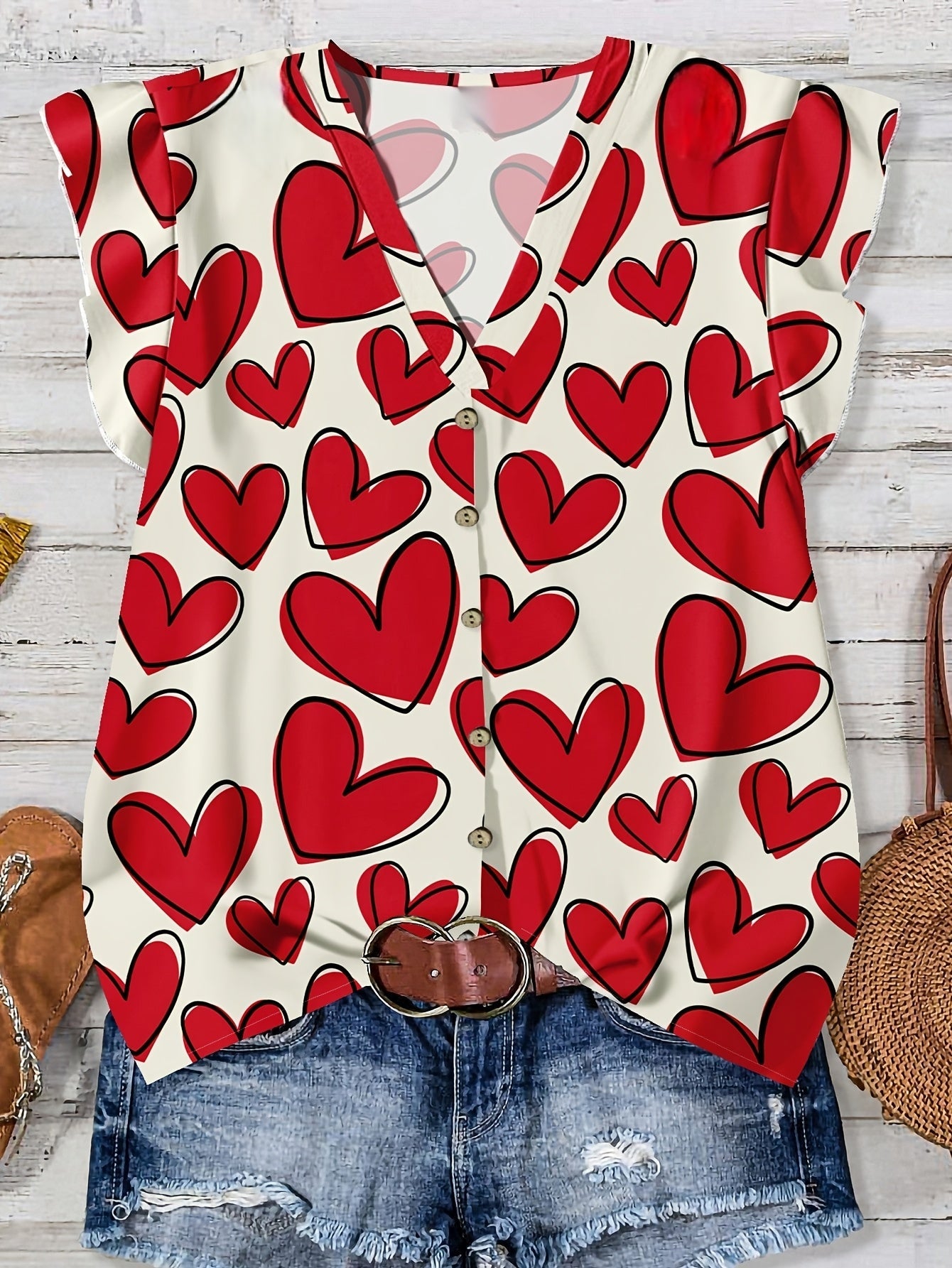 Damen Sommer Bluse mit Herzmuster und Knopfleiste – Verspielte Freizeitmode für den Alltag