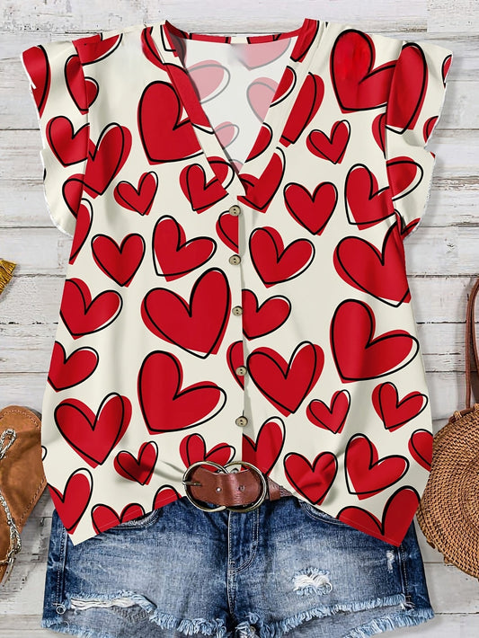 Damen Sommer Bluse mit Herzmuster und Knopfleiste – Verspielte Freizeitmode für den Alltag
