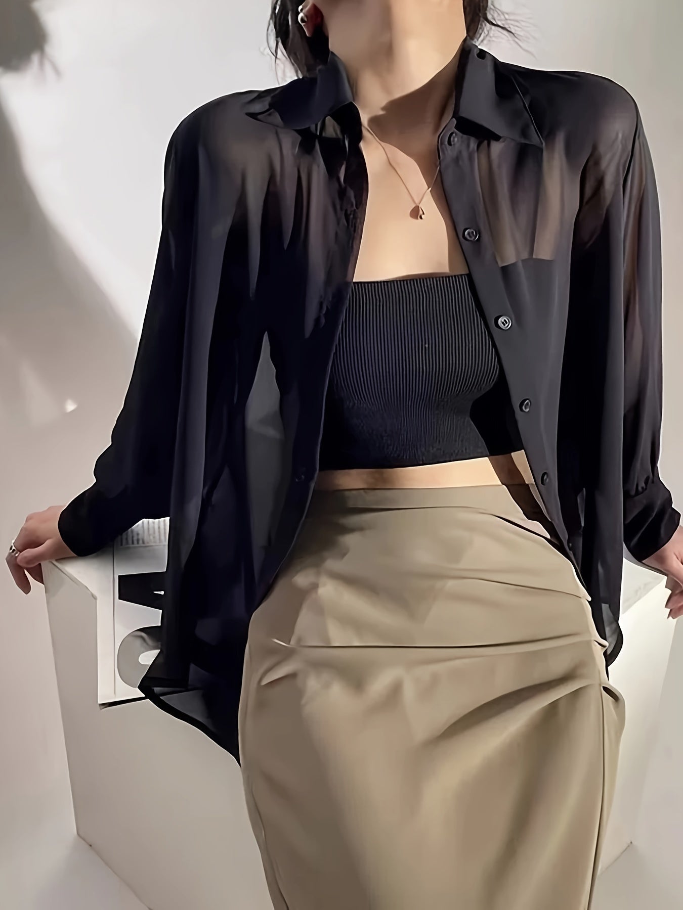 Damen Bluse Transparente Oversize Hemdbluse Modern Elegant