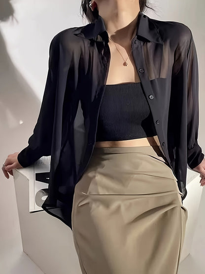 Damen Bluse Transparente Oversize Hemdbluse Modern Elegant