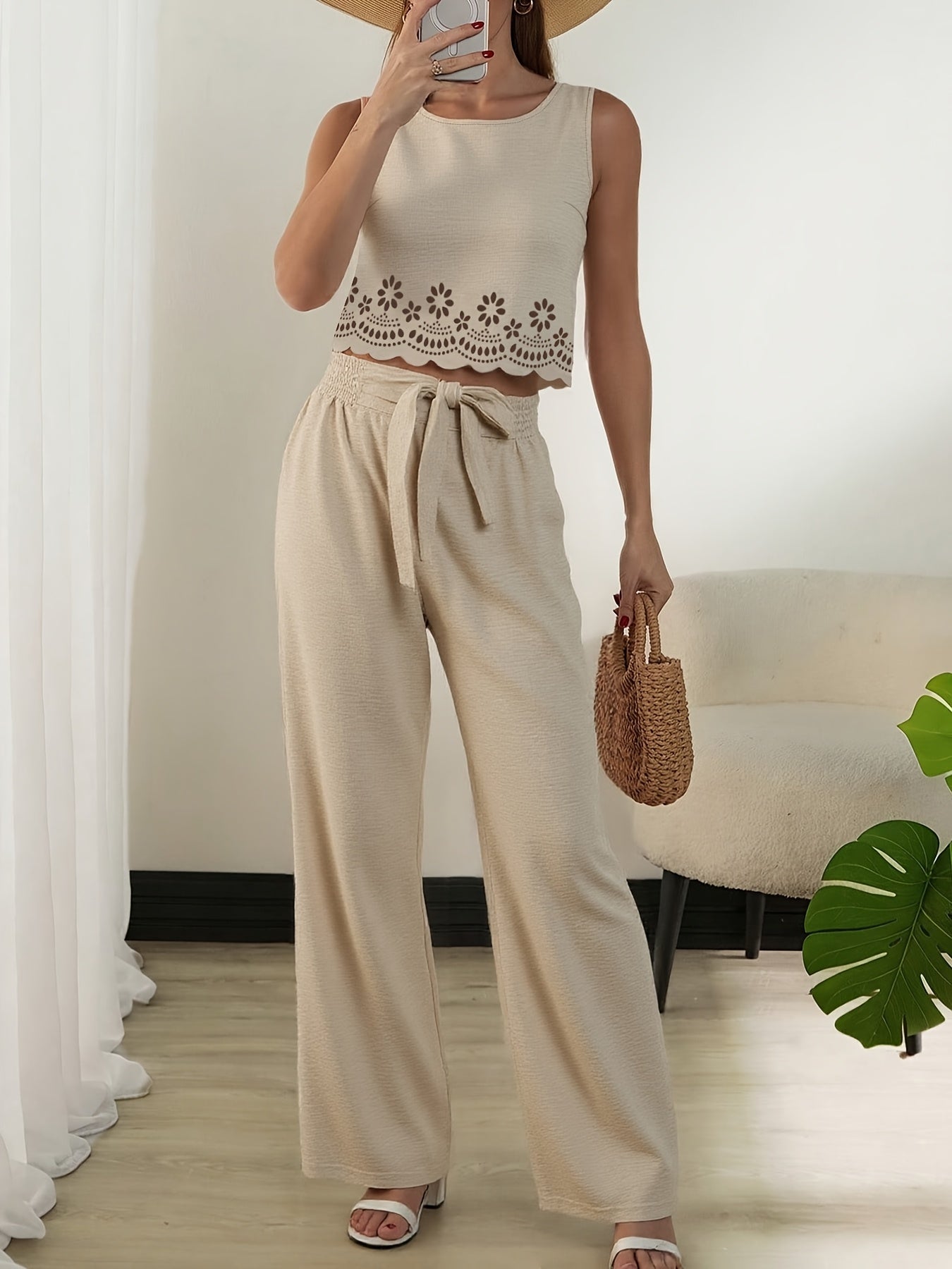 Damen Zweiteiler Set Elegant mit Stickerei und Weitem Bein – Sommer Outfit für Alltag und Freizeit