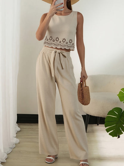 Damen Zweiteiler Set Elegant mit Stickerei und Weitem Bein – Sommer Outfit für Alltag und Freizeit