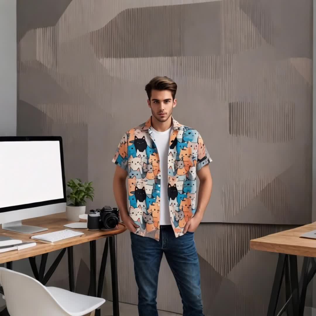 Herren Freizeithemd mit Katzen-Print – Kurzarm, Lustiges Design, Perfekt für Alltag & Party