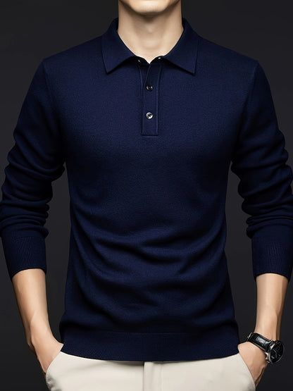Herren Langarm Poloshirt Strickpullover mit Kragen und Knopfleiste