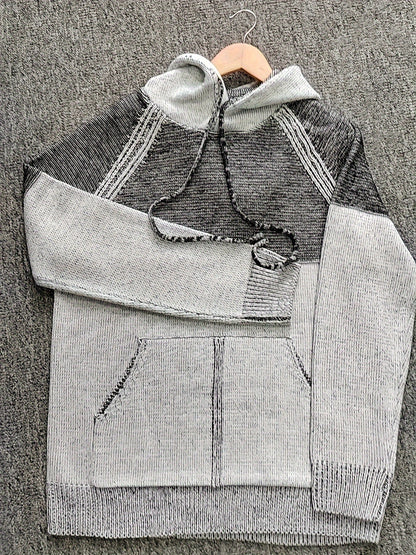 Herren Hoodie Strick-Optik mit Kapuze & Kängurutasche Grau-meliert