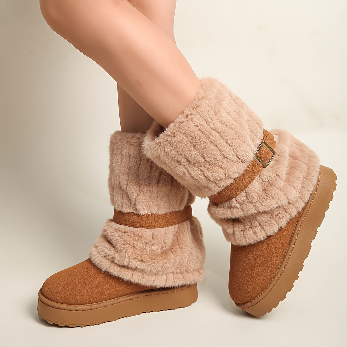 Damen Winterstiefeletten mit Kunstfell und Schnalle, Fesselhoch