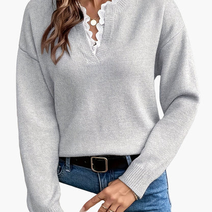 Damen Pullover Elegant mit V-Ausschnitt und Spitzenbesatz – Lockerer Strickpullover für Herbst und Winter