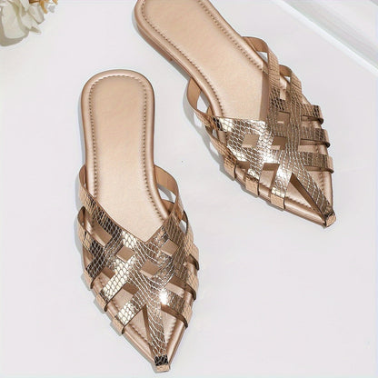 Damen Elegante Slip-On Pantoletten mit Geflochtenem Design und Spitzkappe – Stilvolle Flache Mules für Alltag und Anlass