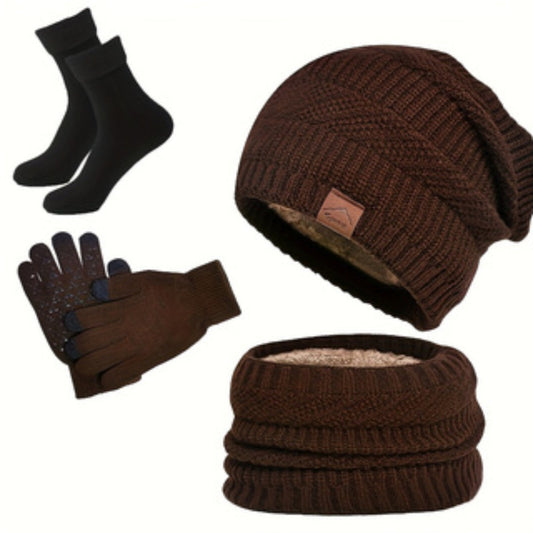 Unisex Winter Set 4-teilig: Strickmütze, Loop-Schal, Touchscreen-Handschuhe & Socken mit Futter